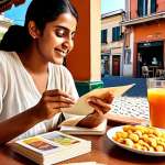 **A beginner happily studying Bengali with flashcards, surrounded by Italian snacks and drinks, set in a sunny Italian cafe.** (This visualizes initial steps and localizes the setting.)