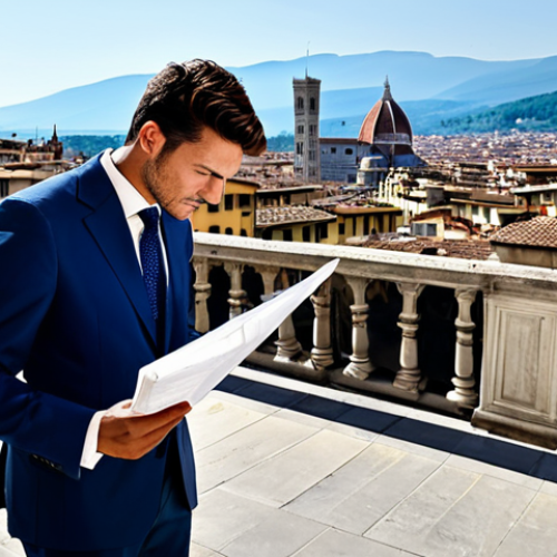 **

"A professional architect, fully clothed in a stylish, modest Italian business suit, reviewing blueprints on a sun-drenched terrace overlooking the Duomo in Florence. Appropriate attire, safe for work, perfect anatomy, correct proportions, natural pose, professional photography, high quality."

**