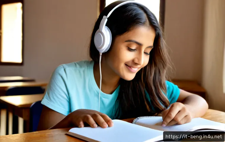 벵골어 발음 규칙 - Photorealistic close-up of an Italian language student wearing casual clothing and headphones, pract...
