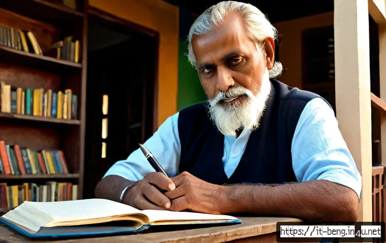 Home 28 벵골어 유명 작가 - Photorealistic portrait of an elderly Bengali literary author with a dignified white beard, seated a...
