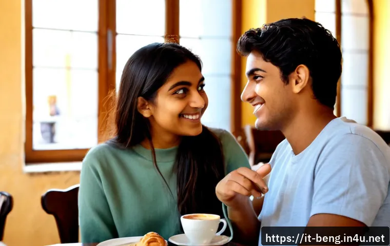 Home 15 벵골어 원어민 친구 사귀기 - Photorealistic candid scene in a welcoming Italian neighborhood café, a Bengali young adult and an I...